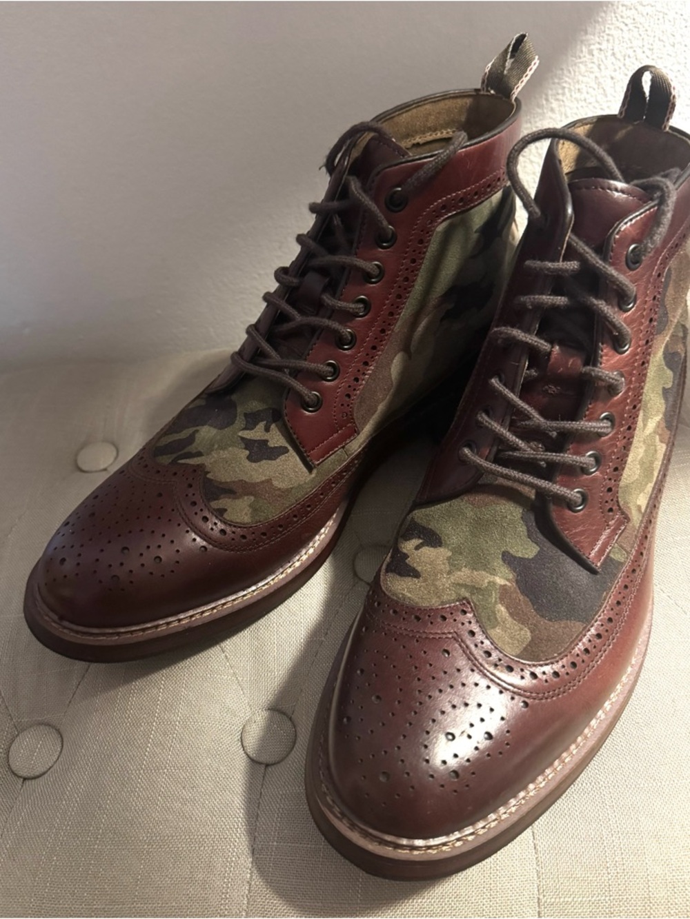 Men's Brown Leather & Camouflage Wingtip Lace-Up Boots